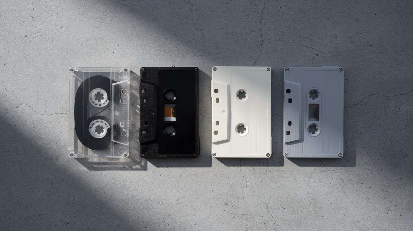 Four unlabeled blank cassette tapes laid out in a row before recording a mixtape