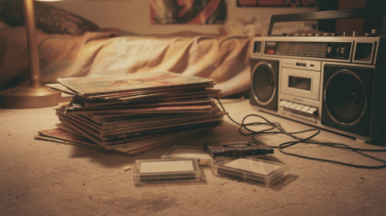 Records and cassettes stacked on a bedroom floor while sequencing a mixtape