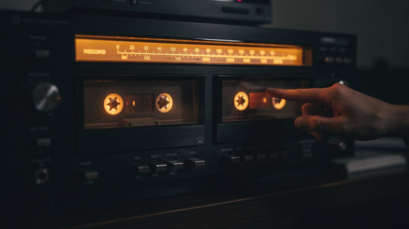 Cassette deck VU meters glowing while dubbing a mixtape in real time