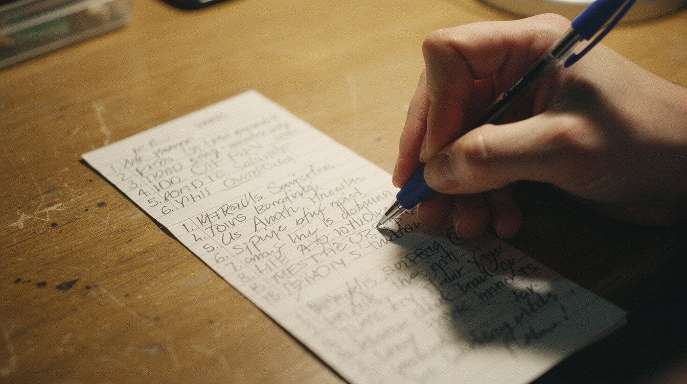 Handwriting a track list on a paper J-card insert for a finished mixtape