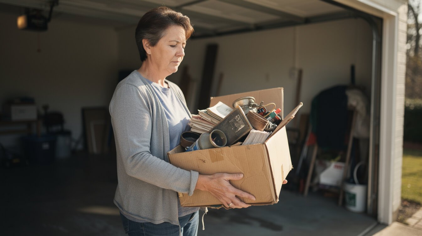 A woman in a garage holding a box of old belongings