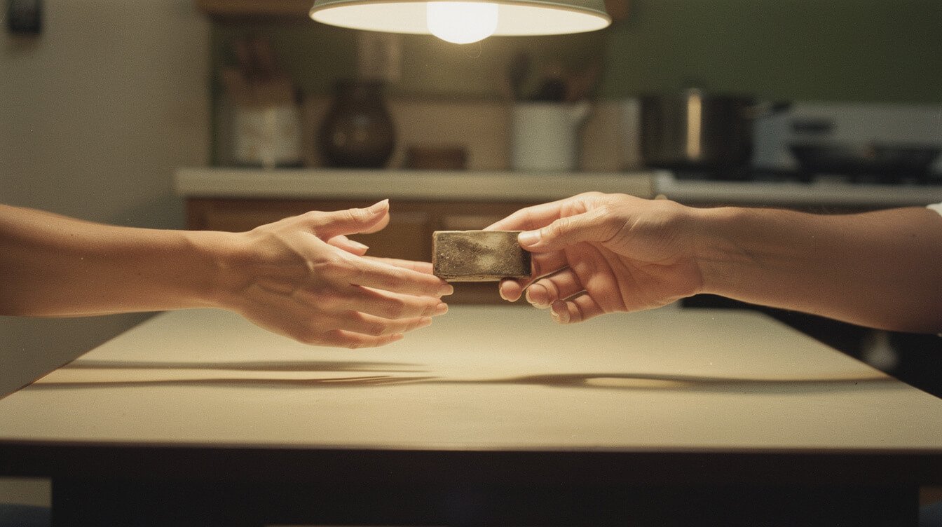 Two hands passing a small worn object across a kitchen table