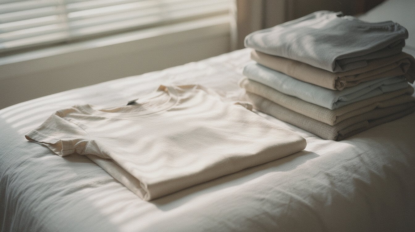 A well-worn folded t-shirt beside a stack of laundry