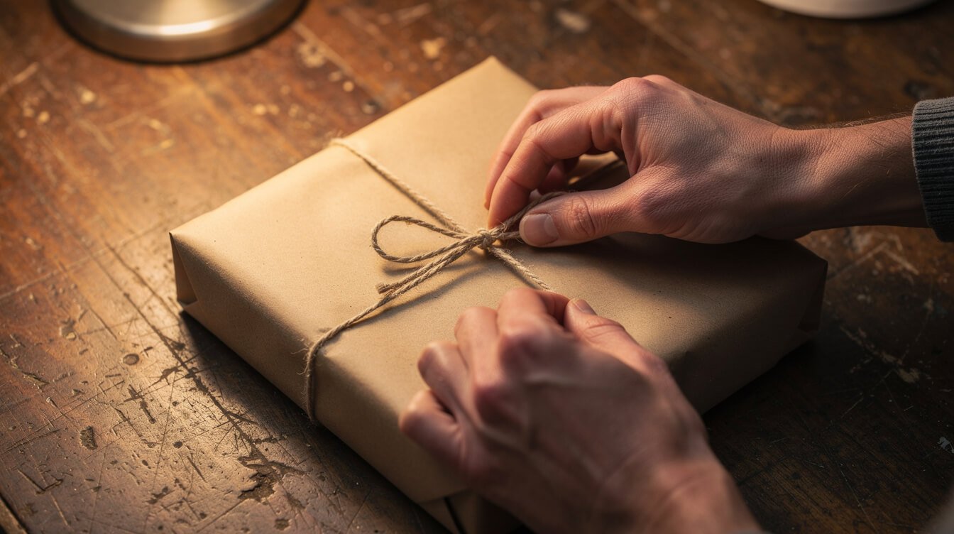 Hands wrapping a gift in plain brown paper and twine
