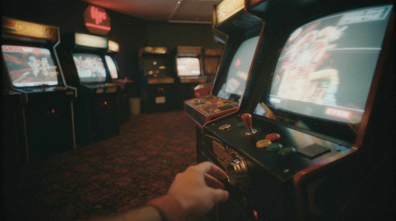 rows of arcade cabinets glowing in a dark arcade