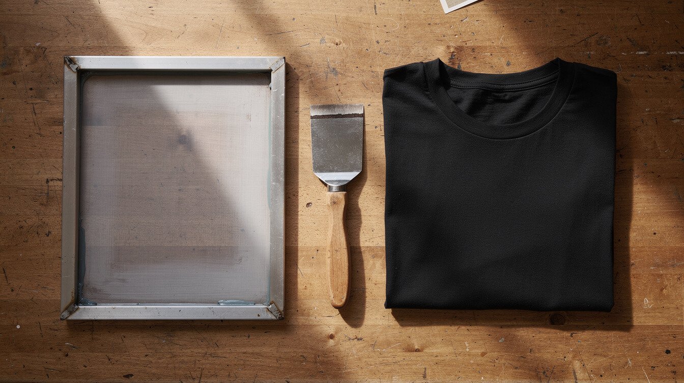 blank shirt and screen printing tools on a design table