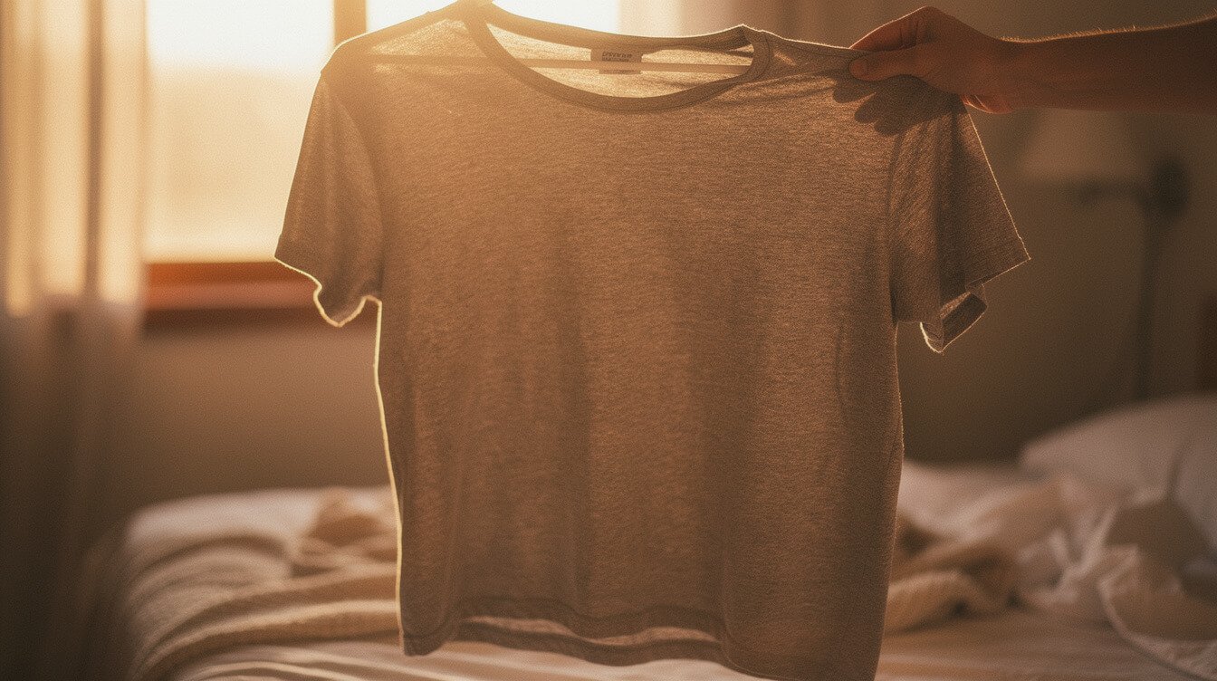 checking the fabric of a folded retro shirt in warm light
