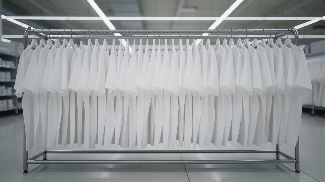 rack of identical mass produced retro gaming t shirts under fluorescent light