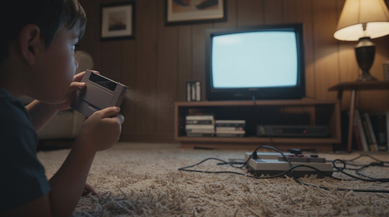 a glowing television and tangled cords in a dim living room