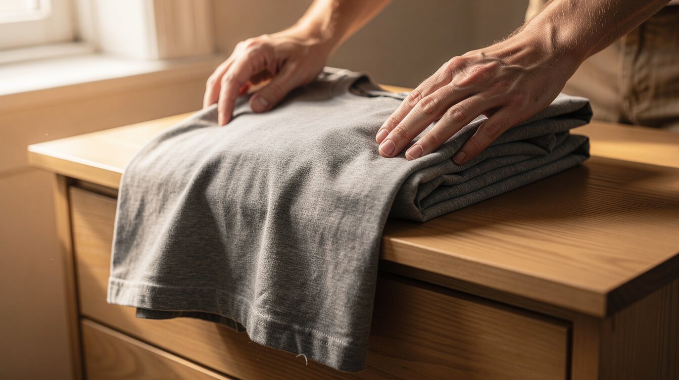 a worn heather-gray t-shirt being folded on a dresser