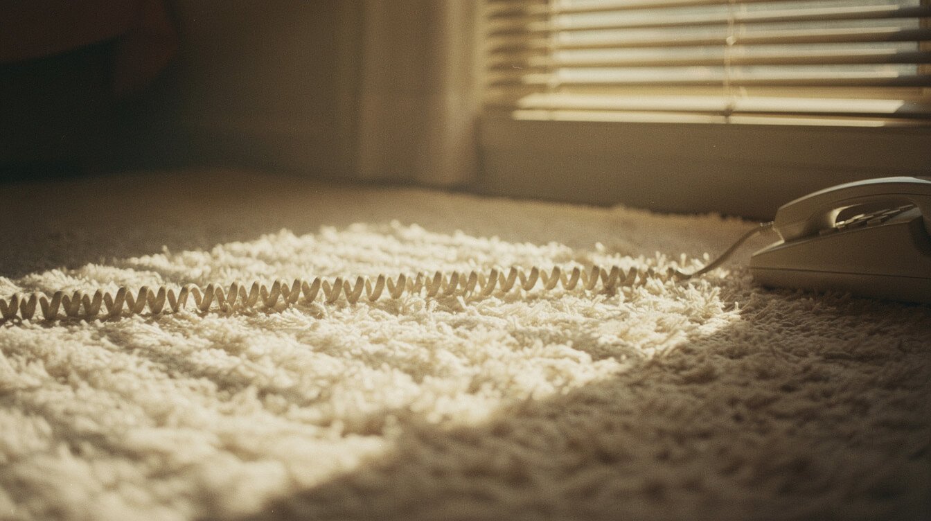 a coiled landline telephone cord stretched across a shag-carpeted floor