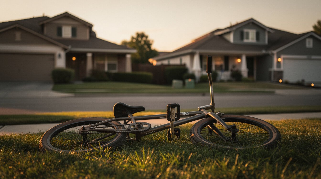 a BMX bike tipped over on a suburban lawn at dusk with porch lights coming on