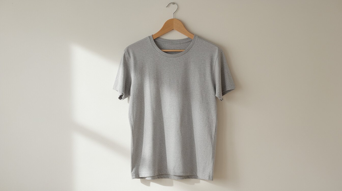 a single soft heather-gray t-shirt on a wooden hanger against a plain wall