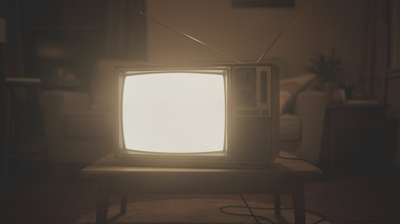 a boxy 1980s television set glowing in a dim living room