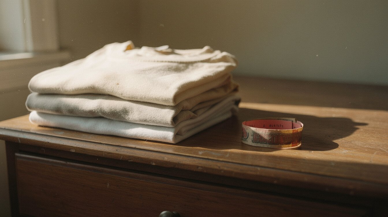 folded stack of vintage t-shirts and a concert wristband, symbolizing 90s nostalgia
