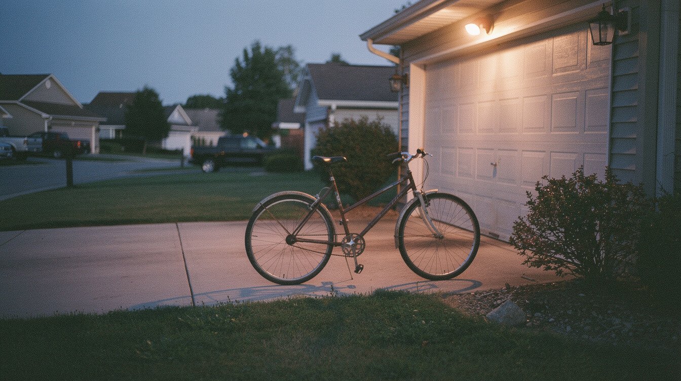 a bicycle left in a driveway at dusk, 90s neighborhood life