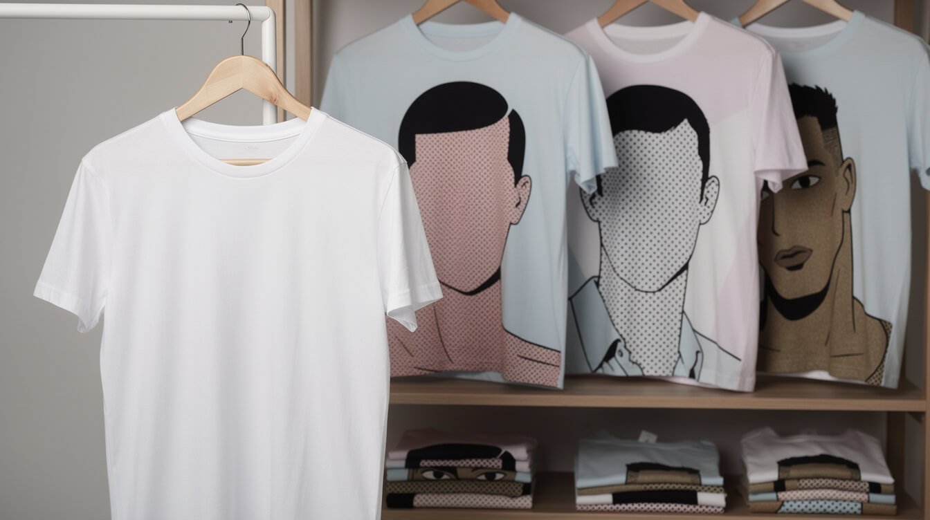 a plain blank shirt next to shirts printed with generic illustrated faces