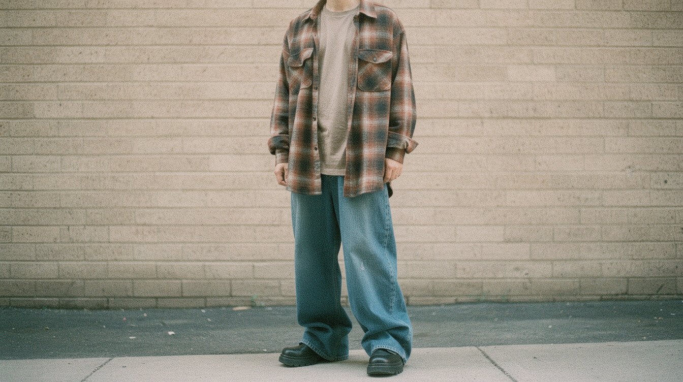 90s nostalgia shirts worn oversized with flannel and baggy jeans