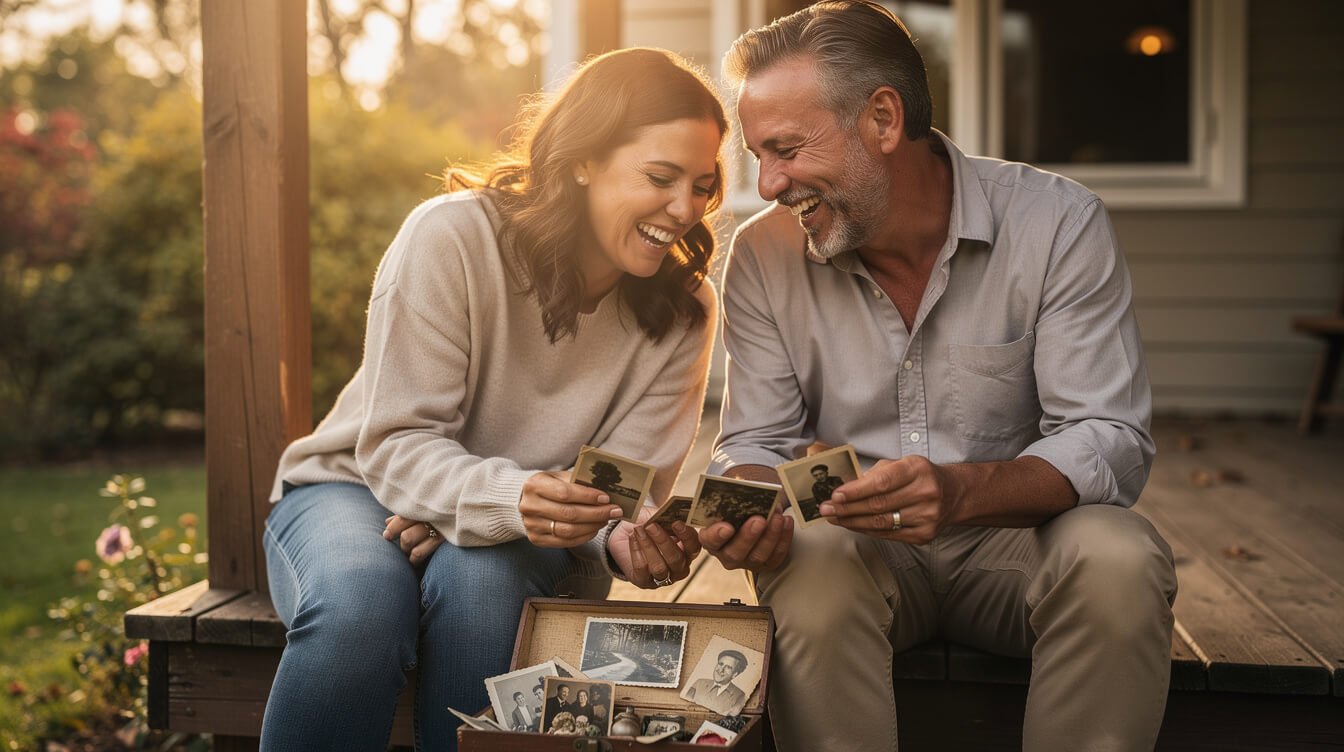 Two old friends laughing over a shoebox of old photographs
