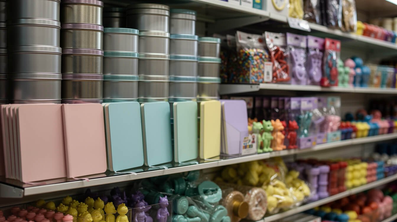 Shelf of generic unbranded nostalgia gift-shop merchandise