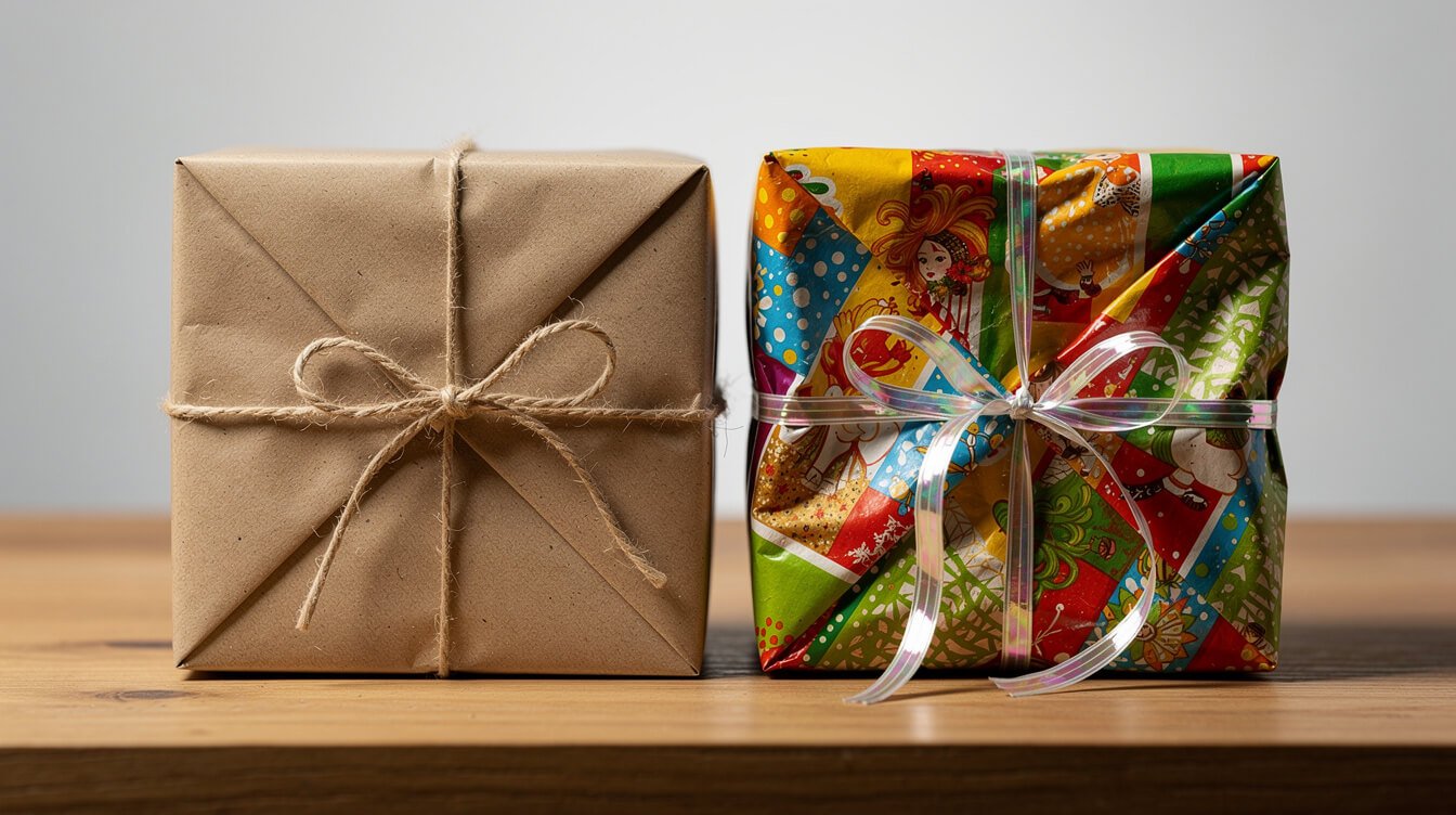 Two gift-wrapped packages side by side, one understated and one flashy