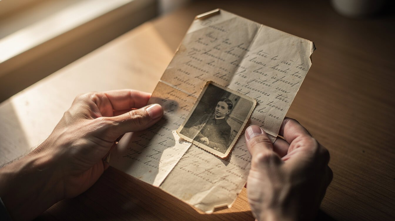Hands holding an old handwritten letter and faded photograph