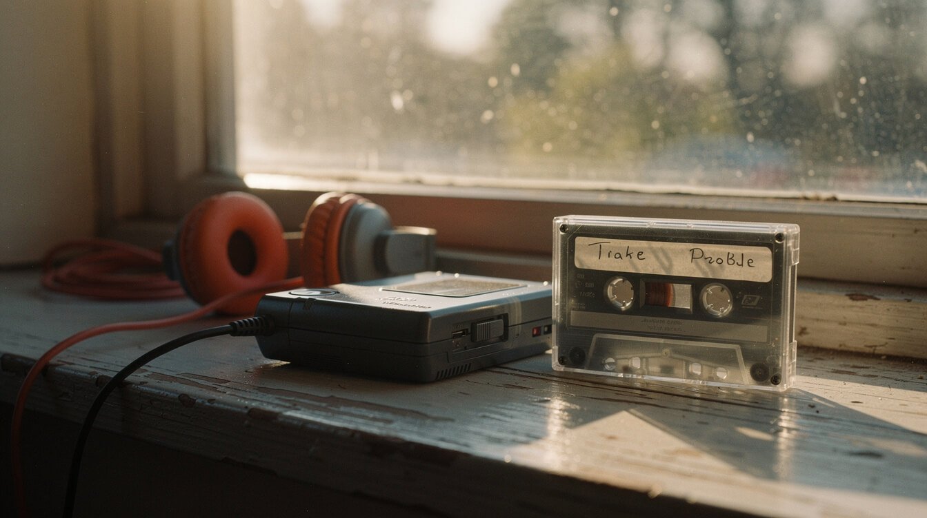 90s kid gifts: a portable cassette player and hand-labeled mixtape on a windowsill