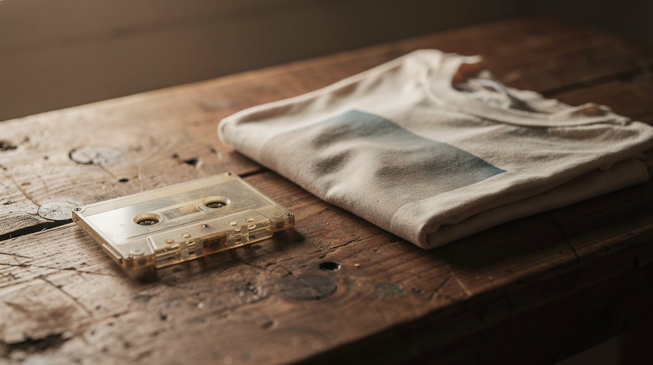 worn cassette tape and graphic t-shirt on a wooden table, no text