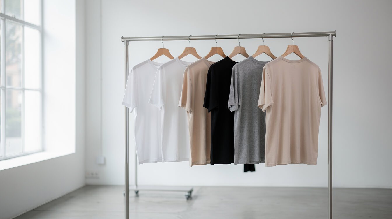 90s throwback shirts hanging on a rack, no logos visible
