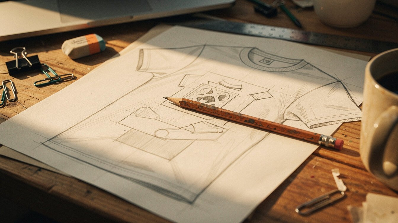90s throwback shirt design sketch on a cluttered desk