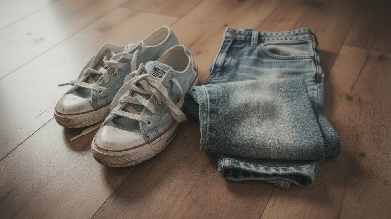 two mismatched sneakers and worn jeans, late 90s style