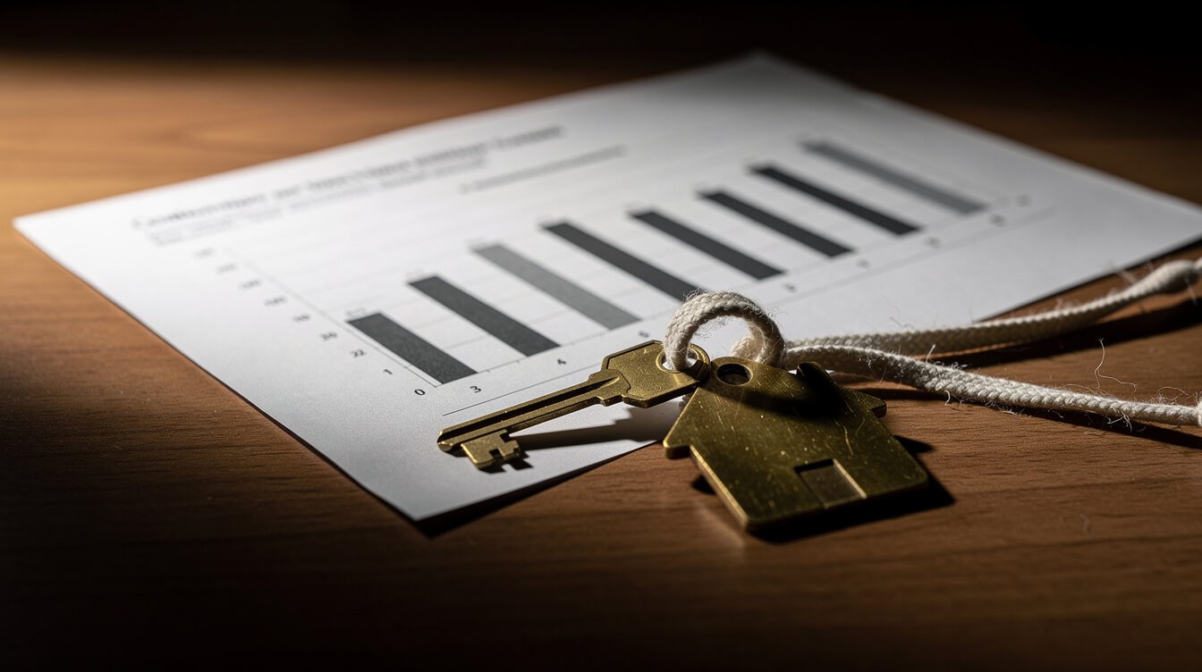 a printed research chart beside a worn house key on a shoelace lanyard on a wooden desk