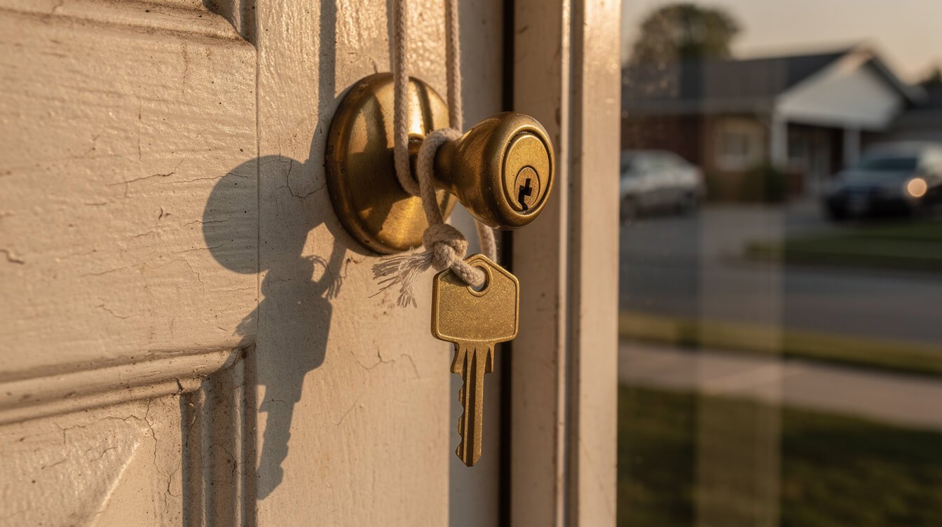 a house key on a shoelace lanyard hanging from a front door lock in afternoon light