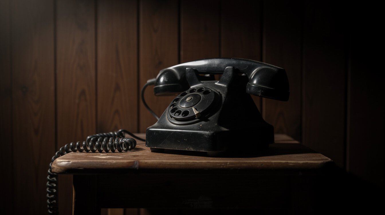 a black rotary telephone receiver resting off the hook against a wood-paneled wall