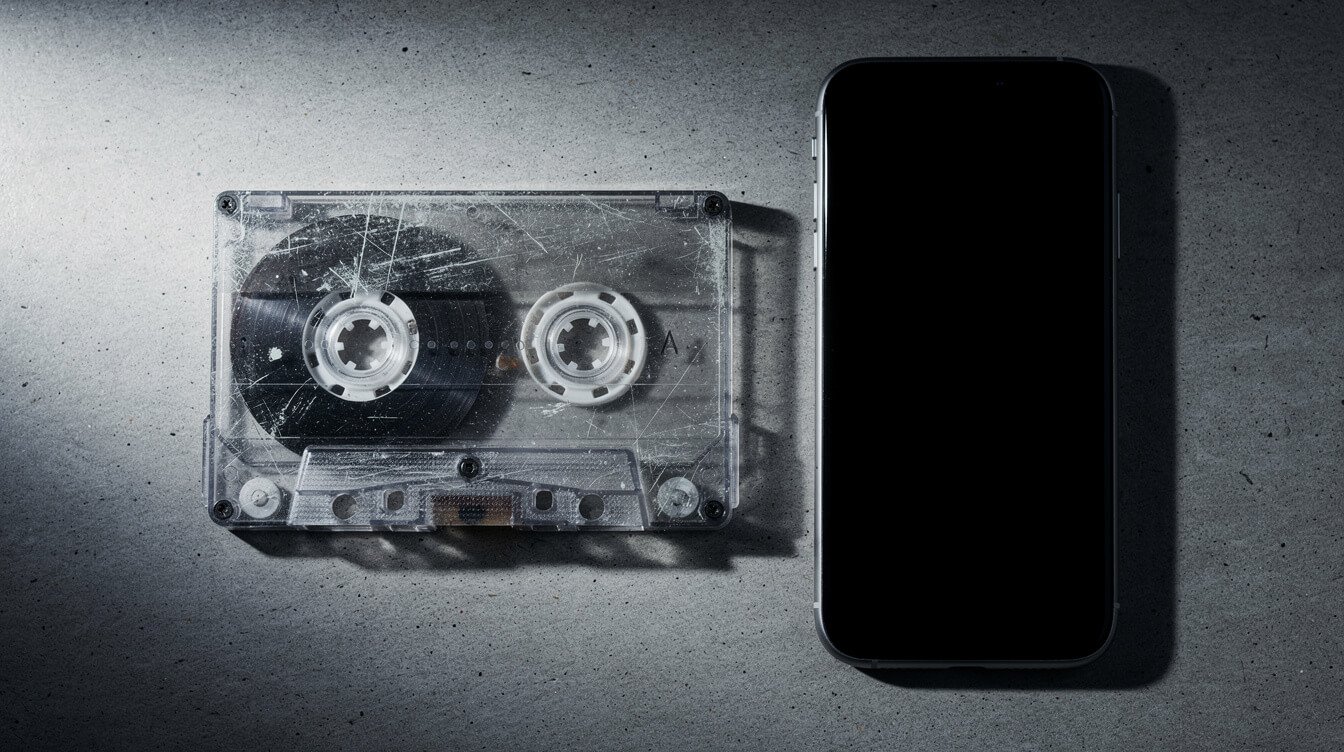 a cassette tape and a smartphone placed side by side on a concrete surface, studio lighting