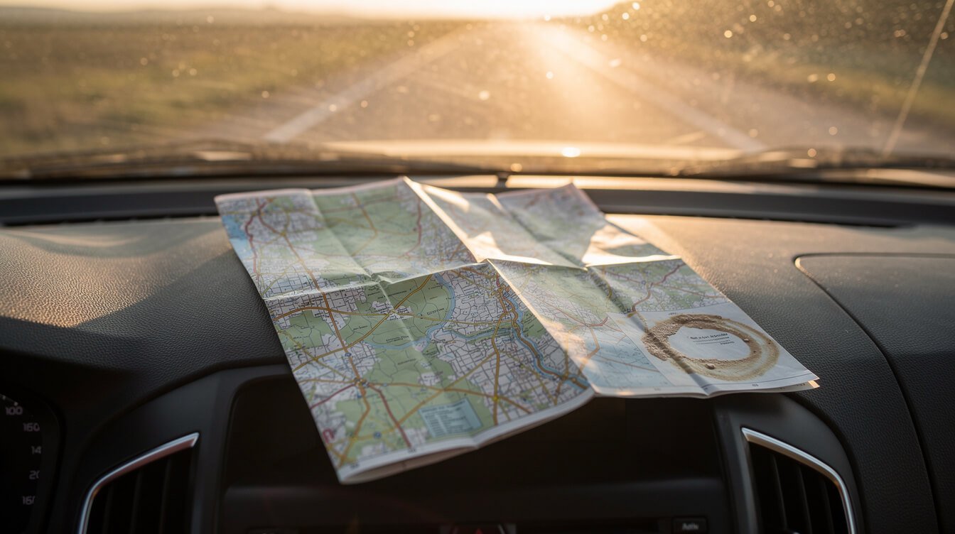 a folded paper road map with a coffee ring stain resting on a car dashboard
