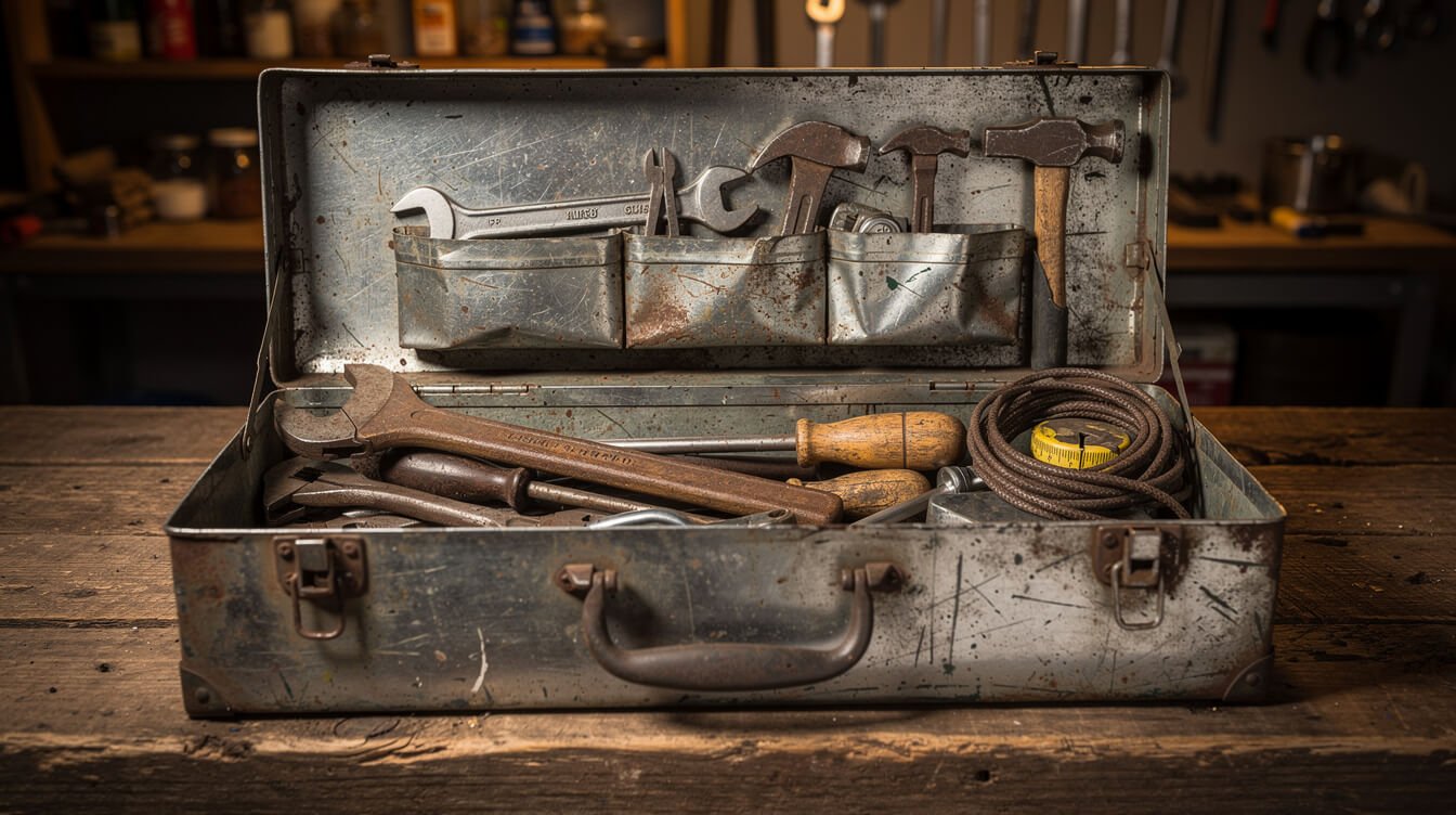 gen x characteristics shown as a well-worn toolbox with mismatched tools under warm garage light