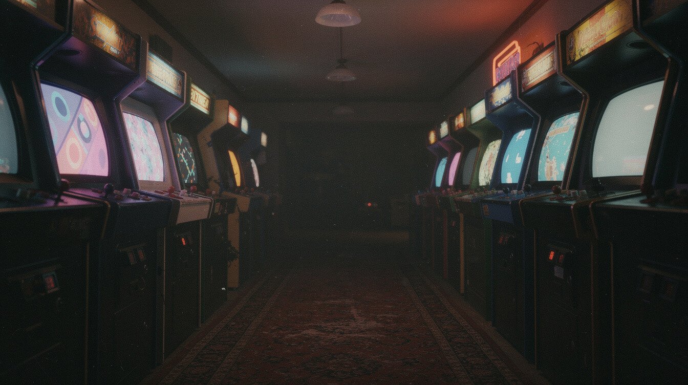 Dim arcade hallway with rows of glowing cabinet screens and worn carpet, no readable game titles