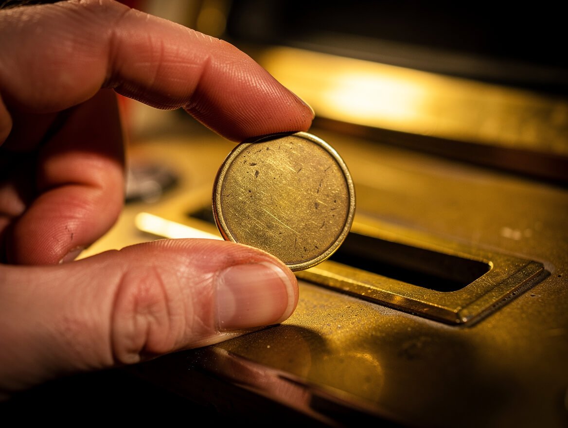 Close-up of a hand holding a single arcade token above a coin slot, cinematic lighting, no logos or text