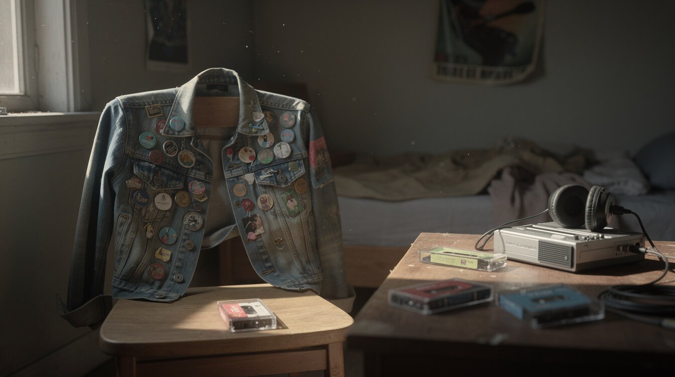 worn denim jacket covered in enamel pins draped over a chair