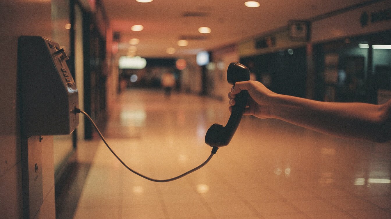 gen x kid holding a payphone receiver mid-conversation in a mall corridor