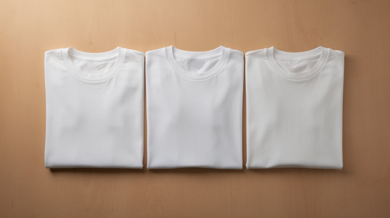 three folded blank t-shirts representing the same repeated shirt design mistake