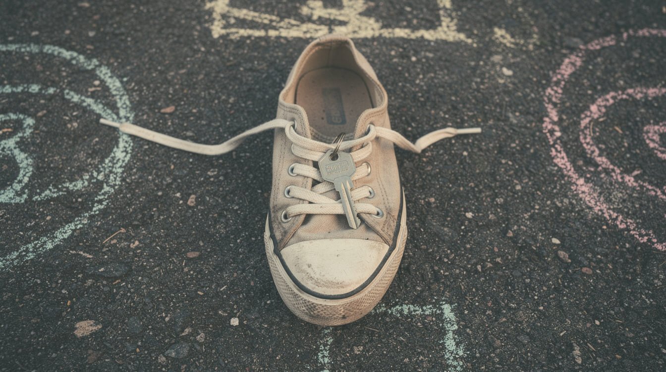 a house key on a shoestring lanyard tucked into a sneaker on a chalk-marked playground