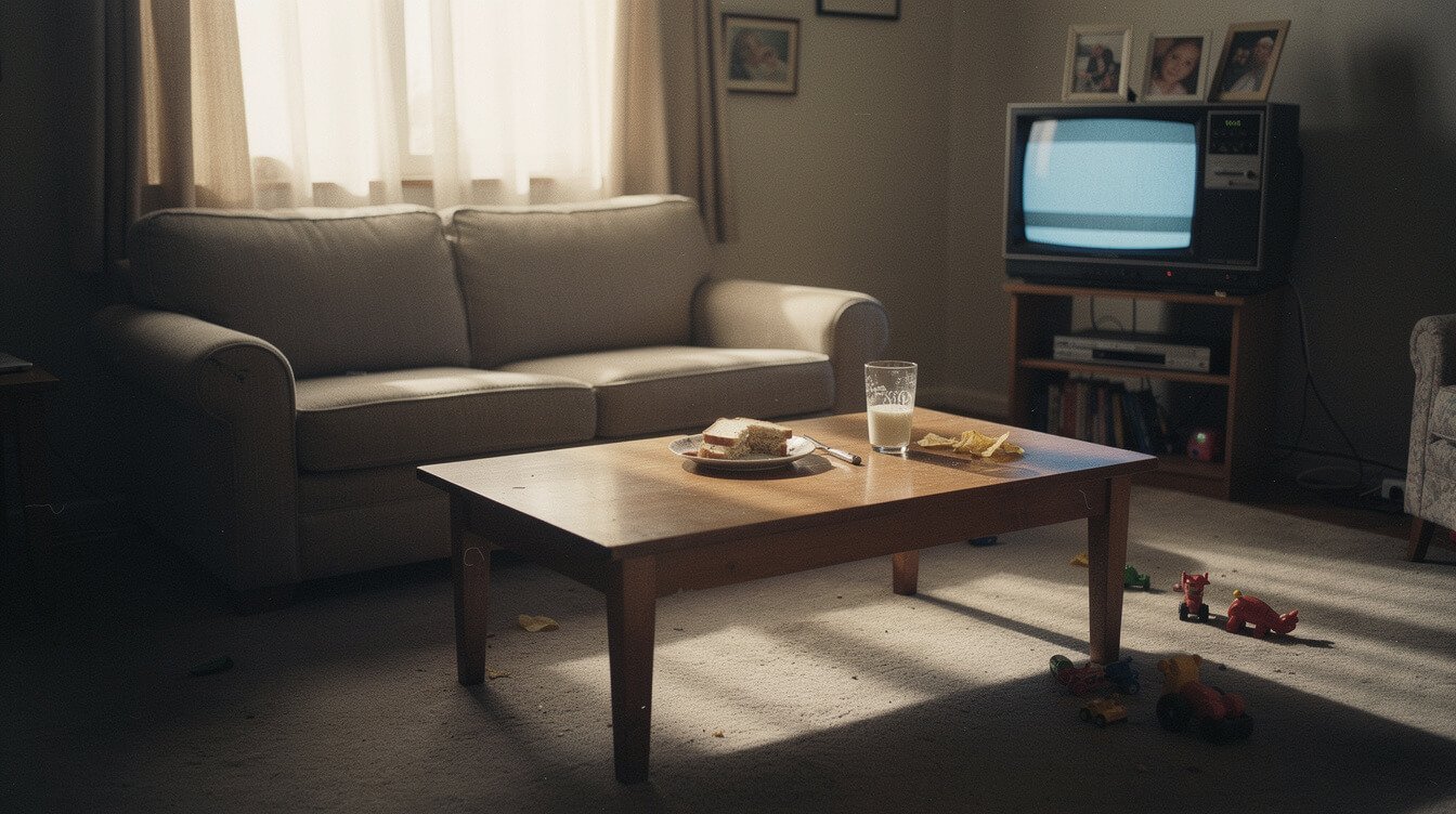 an empty 1980s living room in late afternoon light with the TV on and an after-school snack on the table