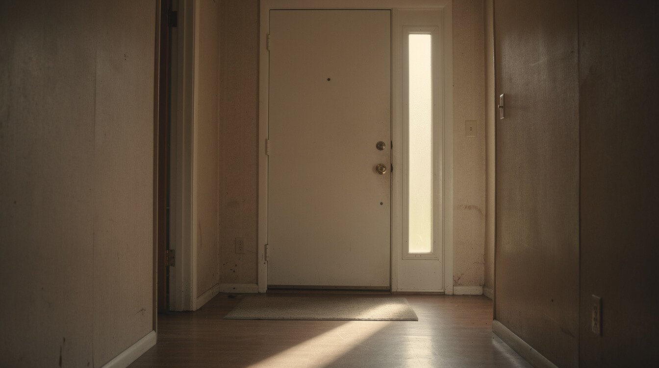 a closed front door seen from a dim hallway with afternoon light through the sidelight glass