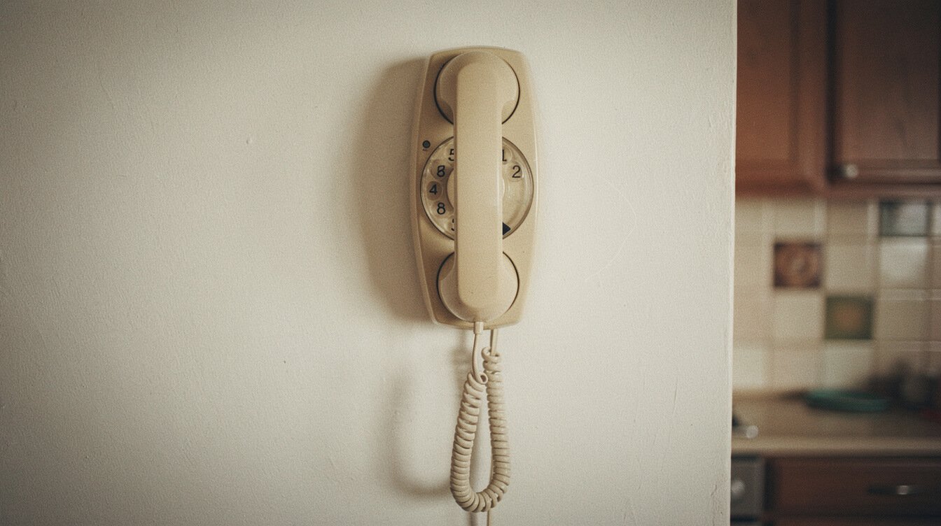 a beige corded wall telephone with a coiled cord in a 1980s kitchen