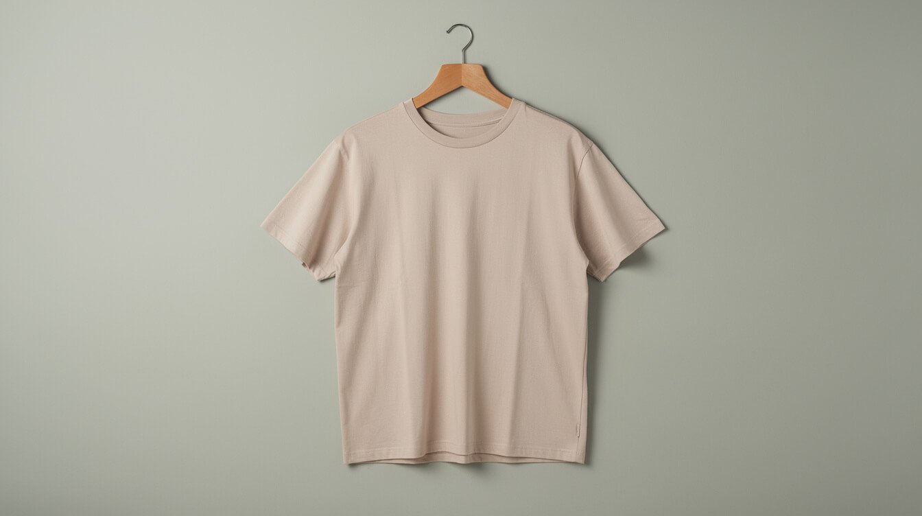 a plain blank t-shirt on a wooden hanger against a muted studio background