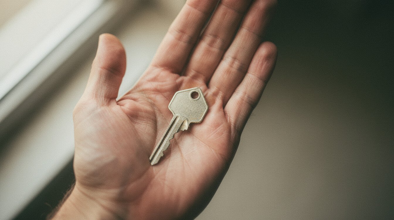 a house key resting in an open adult hand in soft window light