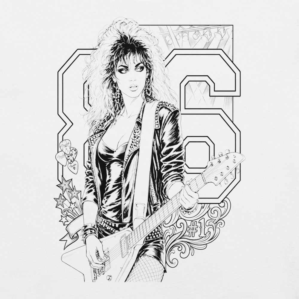 80s Rock Girl Guitar Anime Art T-Shirt — front view