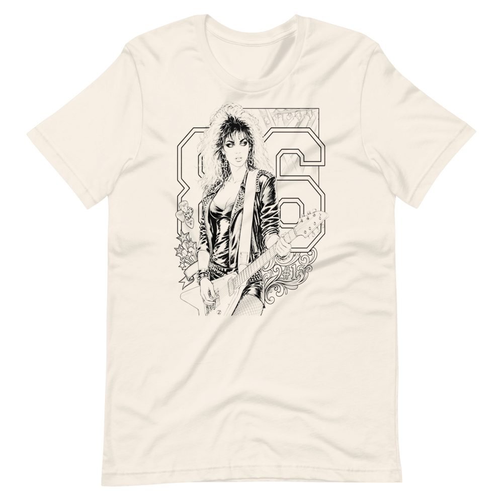 vintage 80s rock graphic tee with varsity 86 and big-hair singer